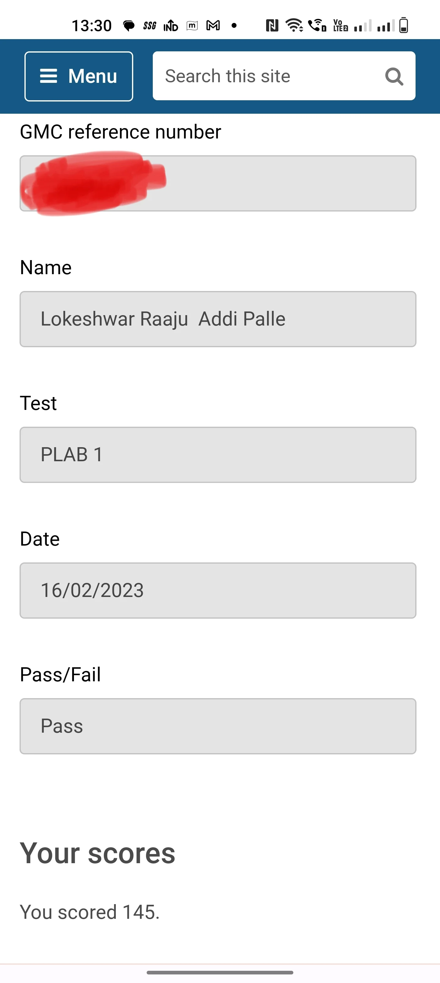 Verified GMC exam result for Dr. Lokeshwar R., February 2023