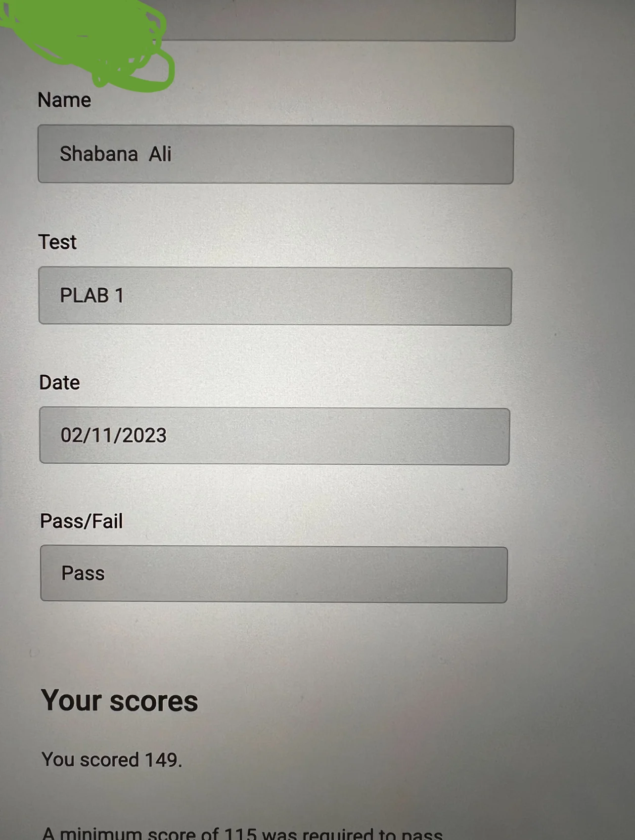 Verified GMC exam result for Dr. Shabana A., November 2023