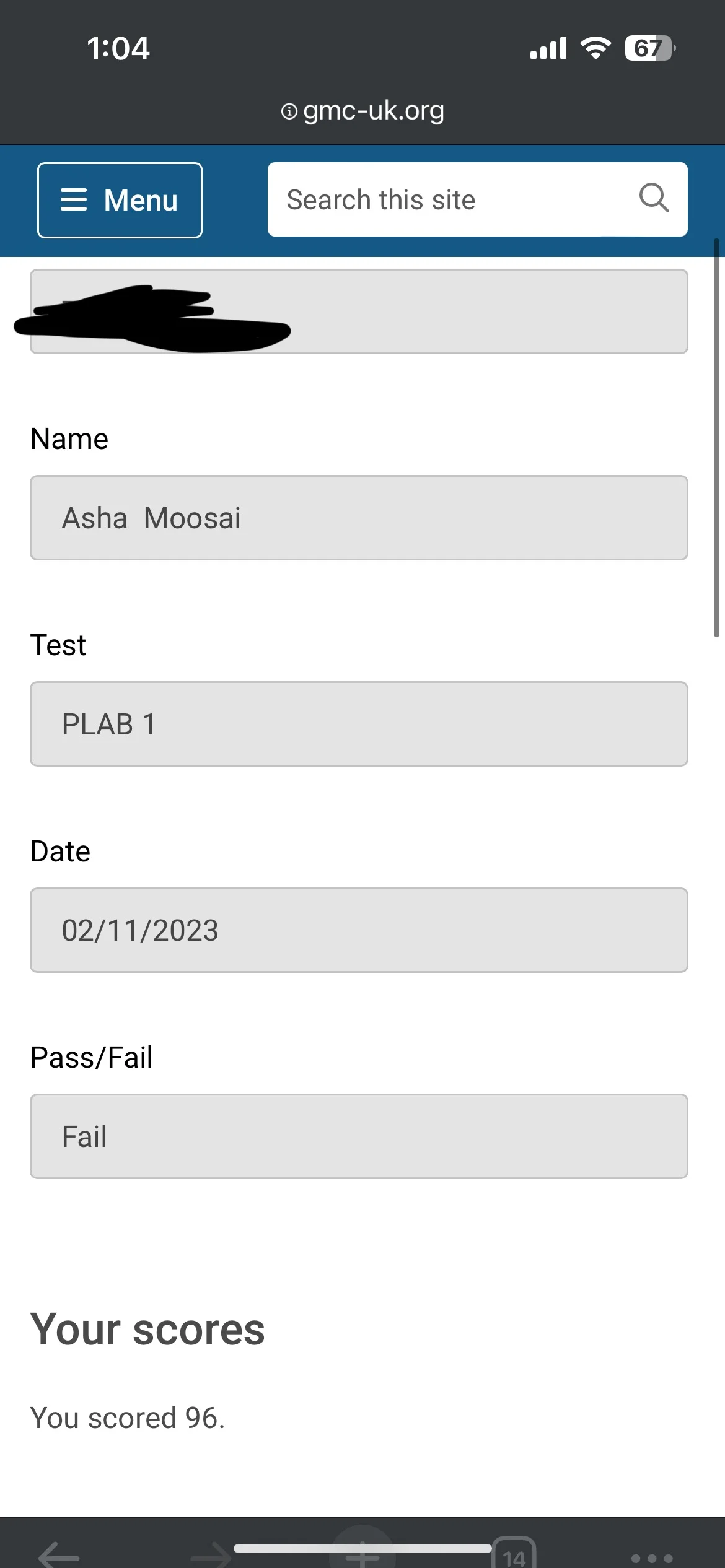 Verified GMC exam result for Dr. Asha M., November 2023