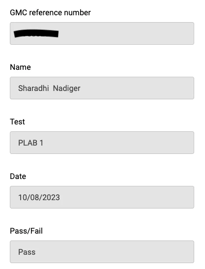 Verified GMC exam result for Dr. Sharadhi N., August 2023